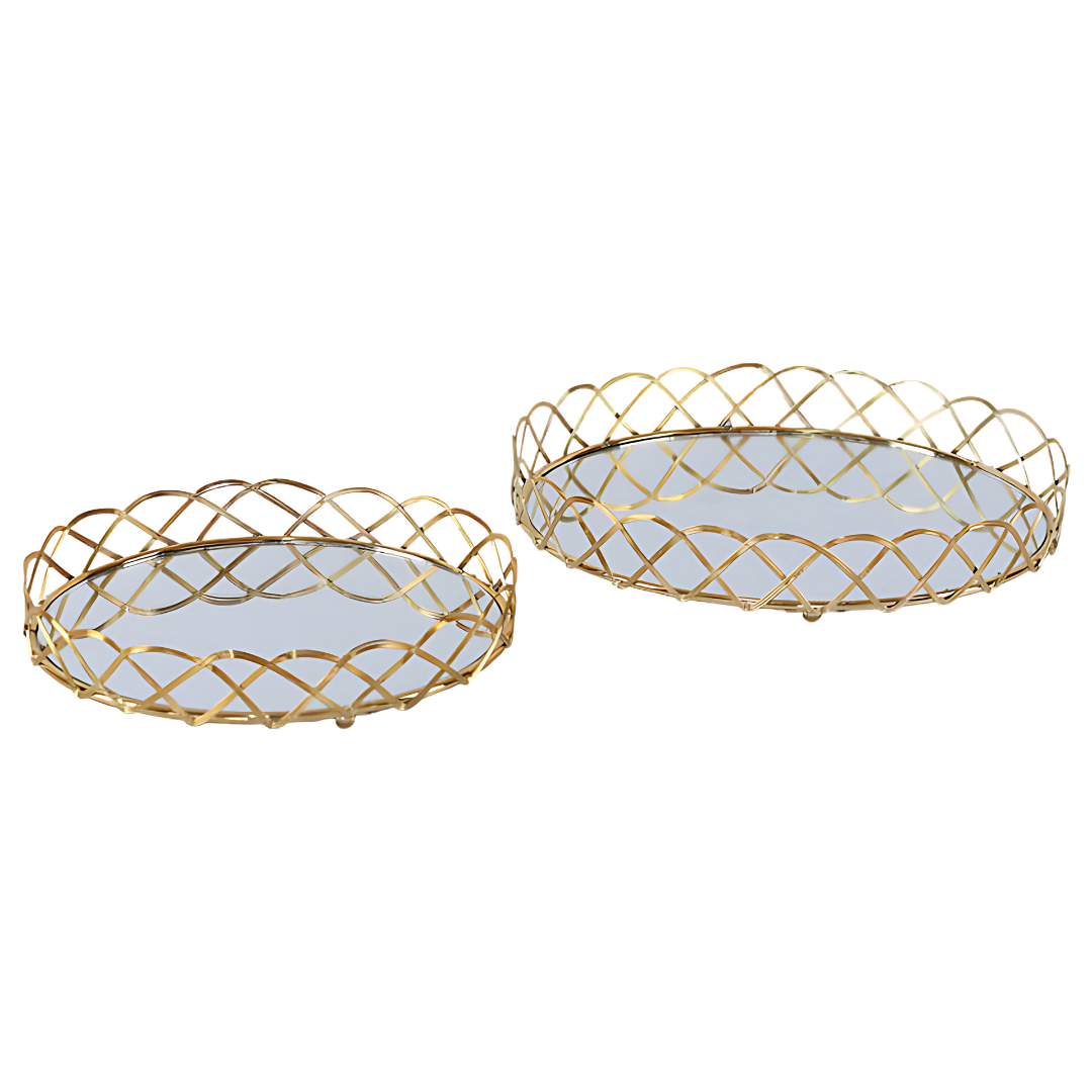 Weaven Round Gold Mirrored Tray Set
