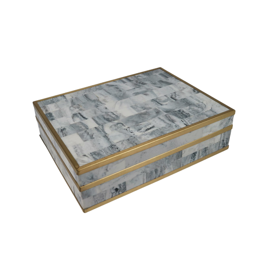 Bone Gray Marble and Brass Inlay Decorative Box Jumbo