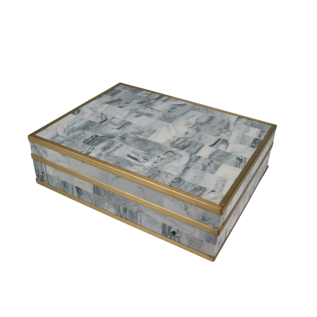 Bone Gray Marble and Brass Inlay Decorative Box