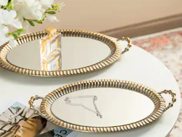 Norvic Antique Gold Oval Mirror Tray with Handles Trans Natal