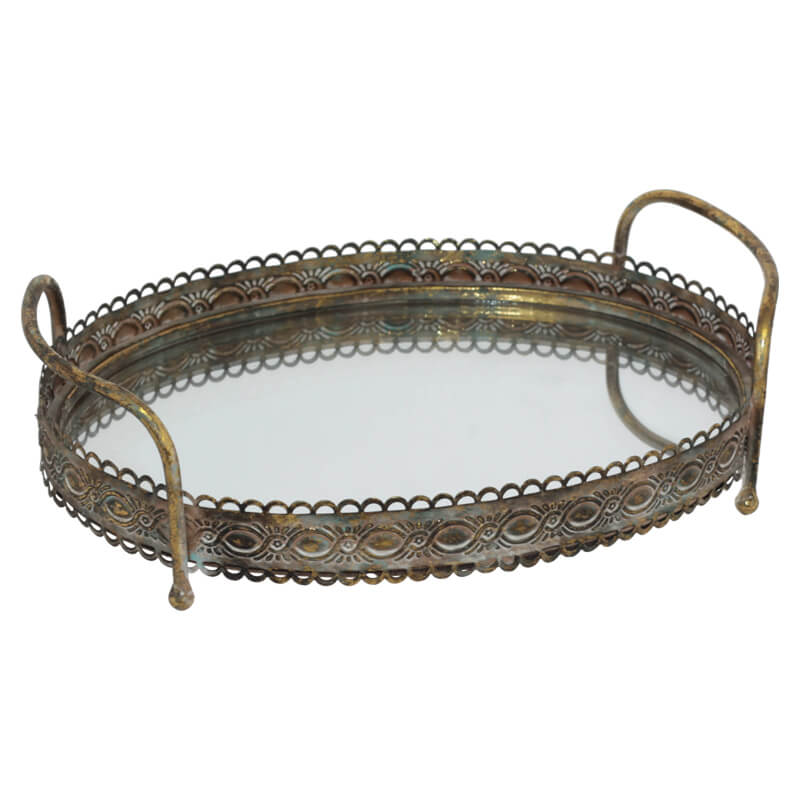 Boudior Vintage Gold Mirrored Oval Tray