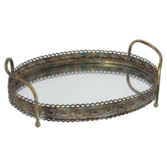 Boudior Vintage Gold Mirrored Oval Tray Trans Natal