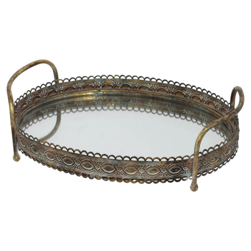 Boudior Vintage Gold Mirrored Oval Tray