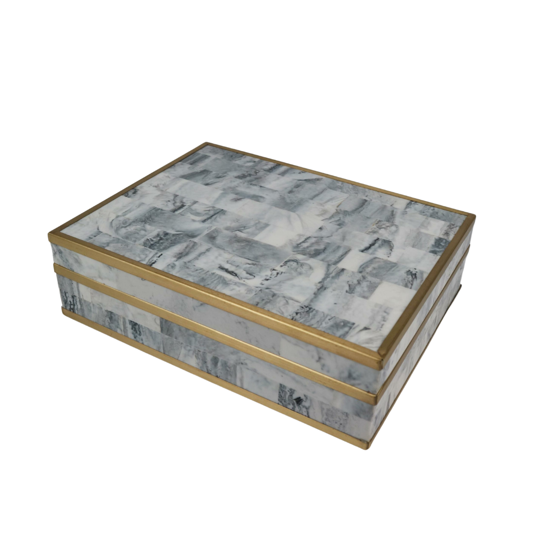 Bone Gray Marble and Brass Inlay Decorative Box – Sophisticated Décor and Functionality