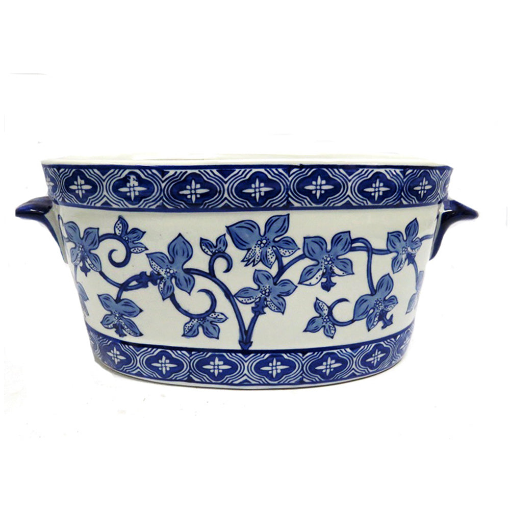 Oriental Blue and White Floral Ceramic Planter Pot with Handles