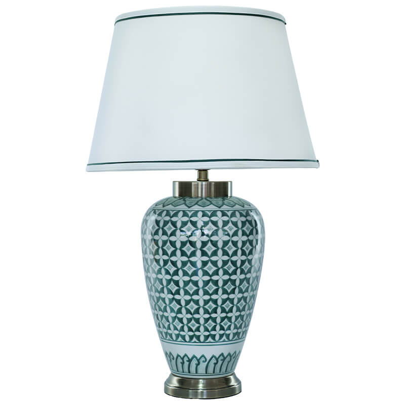 Orbé Teal Geometric Ceramic Table Lamp with White Shade Trans Natal