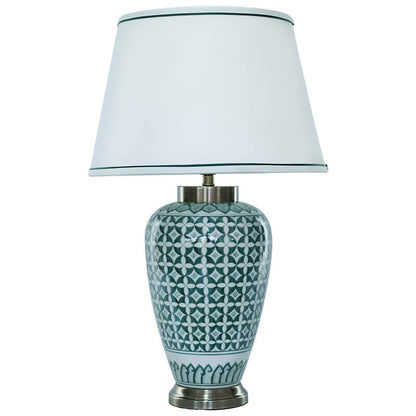 Orbé Teal Geometric Ceramic Table Lamp with White Shade Trans Natal