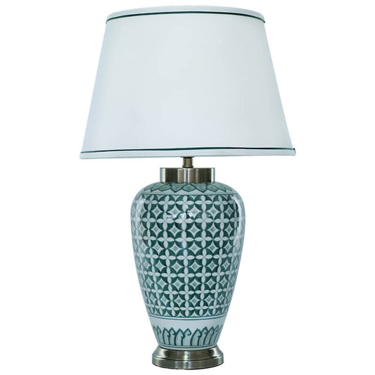 Orbé Teal Geometric Ceramic Table Lamp with White Shade Trans Natal