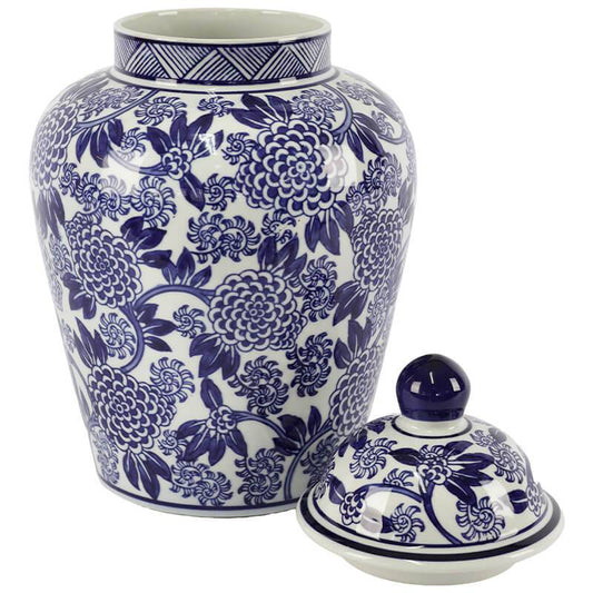 Traditional White with Blue Floral Print Ginger Jar with Lid