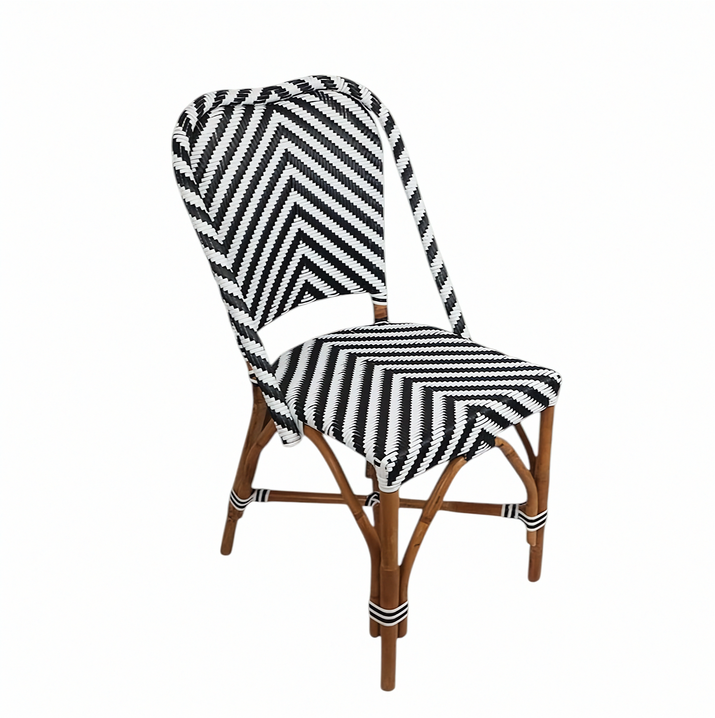 Chair with a black and white zigzag patterned cover on a white background