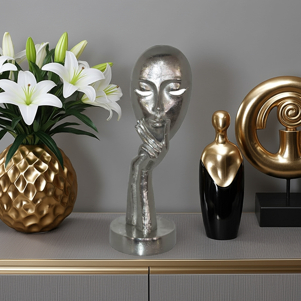 Abstract Face Sculpture – Metallic Silver Thinker