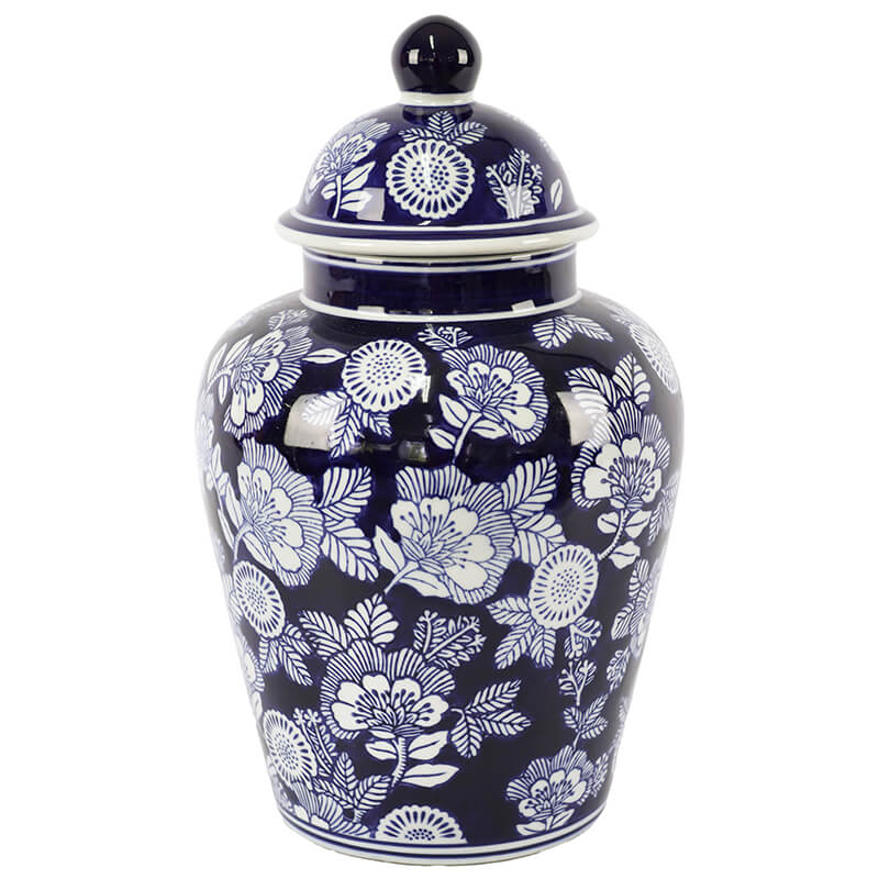 Traditional Blue and White Floral Ginger Jar with Lid