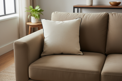 light beige scatter pillow with black trim on a 3 sitter dark beige couch