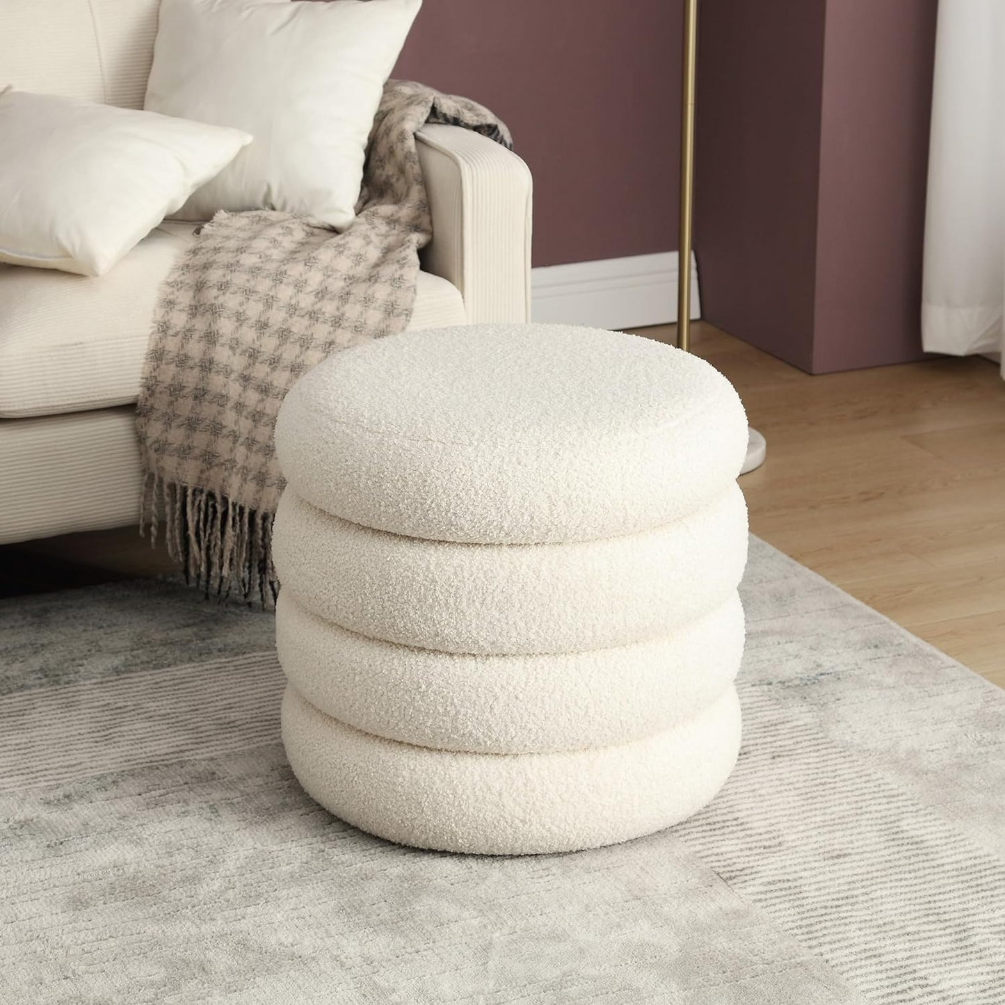 Cloud Haven White Bouclé Round Ottoman Trans Natal