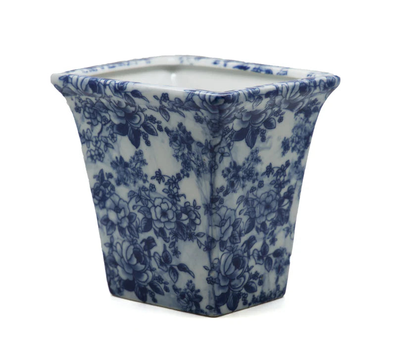 Ming Tapered Shapes Blue & White Floral Ceramic Planter